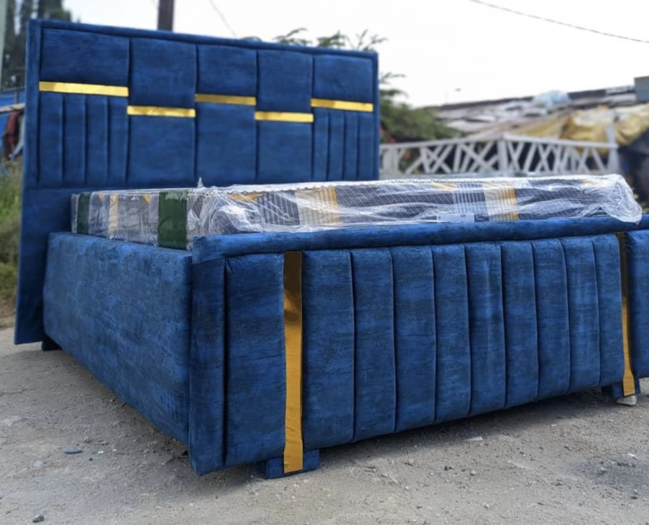 Modern Blue Velvet Sofa Bed 5x6 with Gold Accents