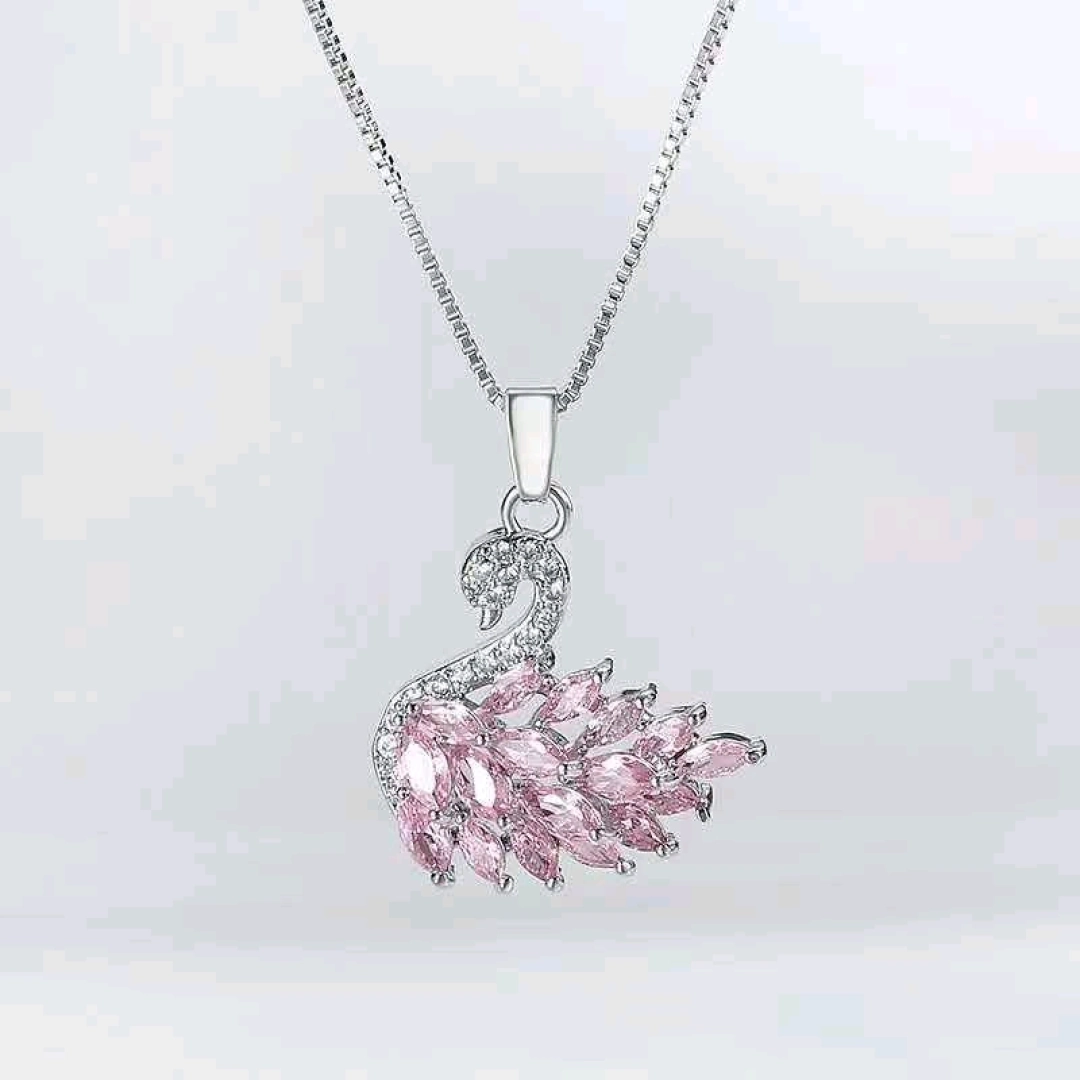 Swan Pendant Necklace with Pink Gemstones