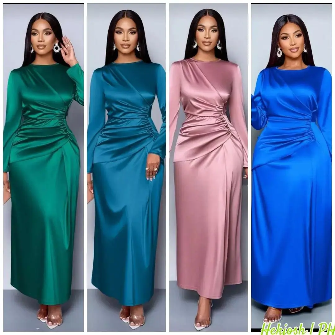 Long-Sleeved Ruched Satin Dress