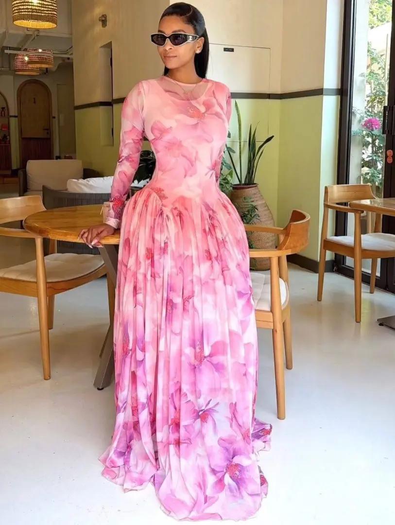 New Long Patterned Dress with Black Sleeves thumbnail 6