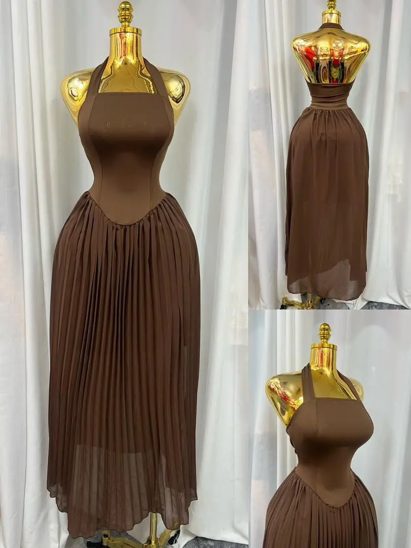 New Brown Pleated Halter-Neck Dress