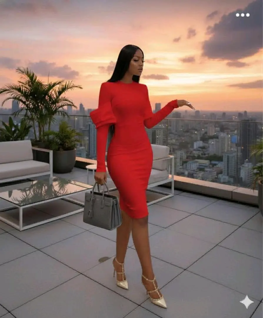 Red Fitted Long-Sleeved Dress