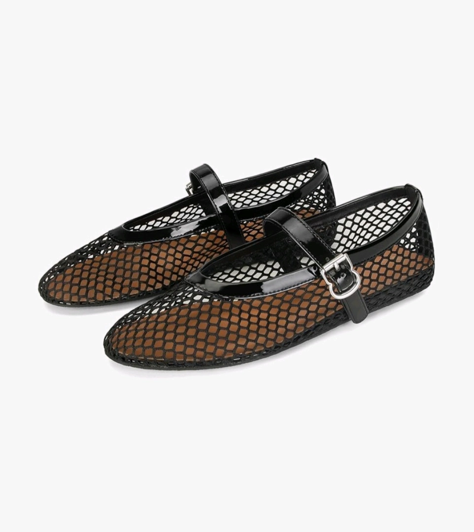 Ladies Black Mesh Flat Shoes (Mary Jane Style)