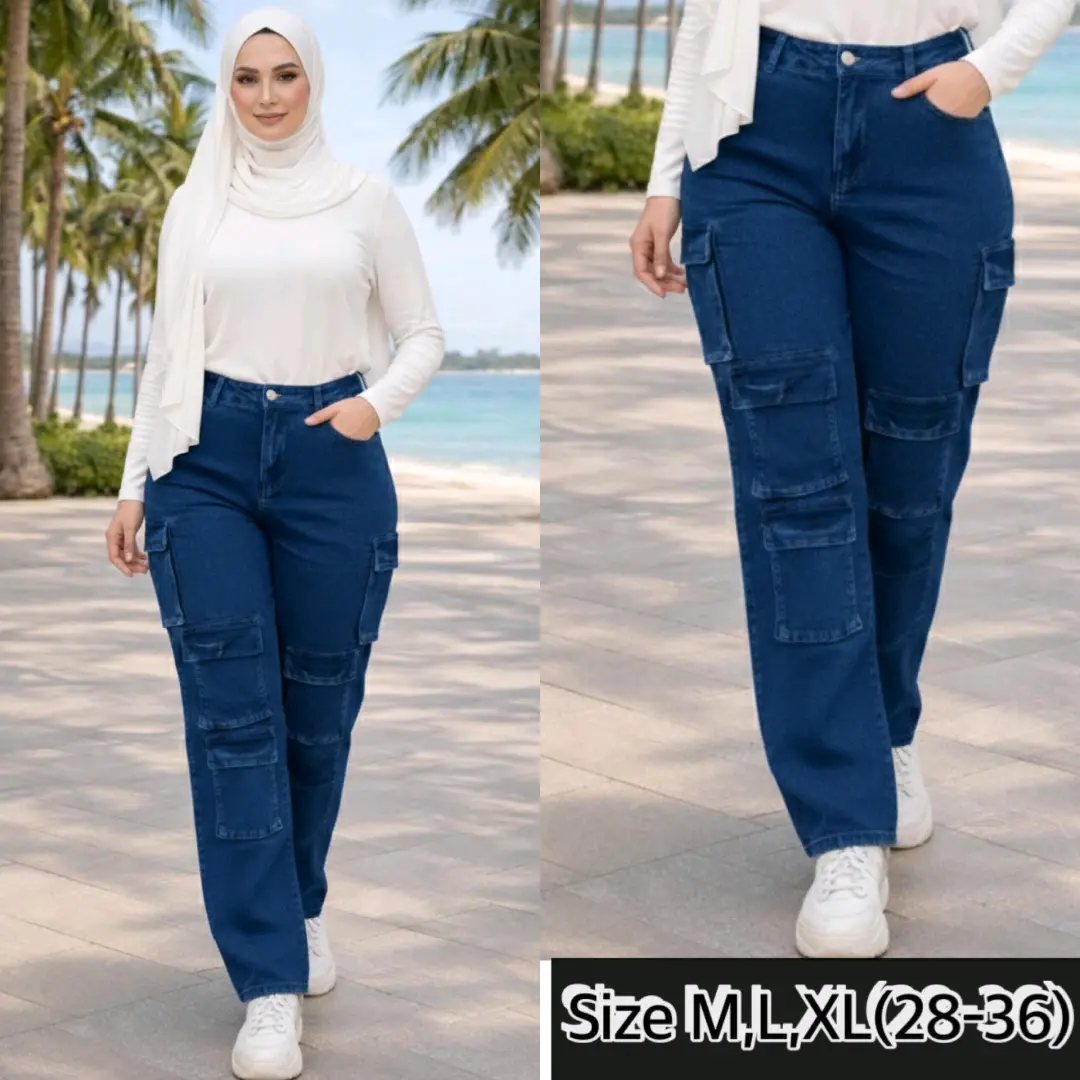Women's Dark Blue Denim Cargo Pants