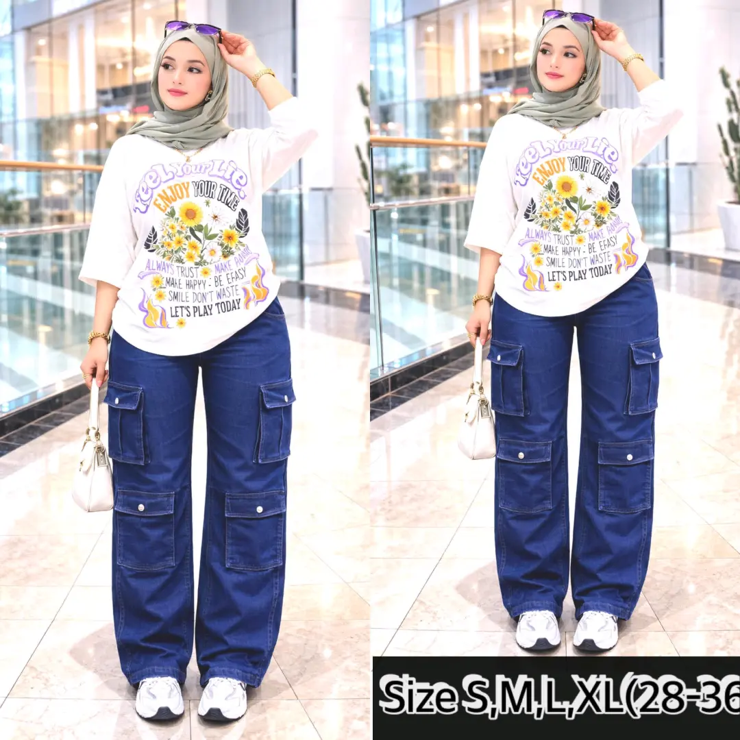 Women's Dark Blue Denim Cargo Pants thumbnail 3