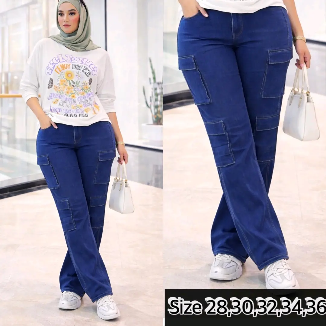 Women's Dark Blue Denim Cargo Pants thumbnail 4