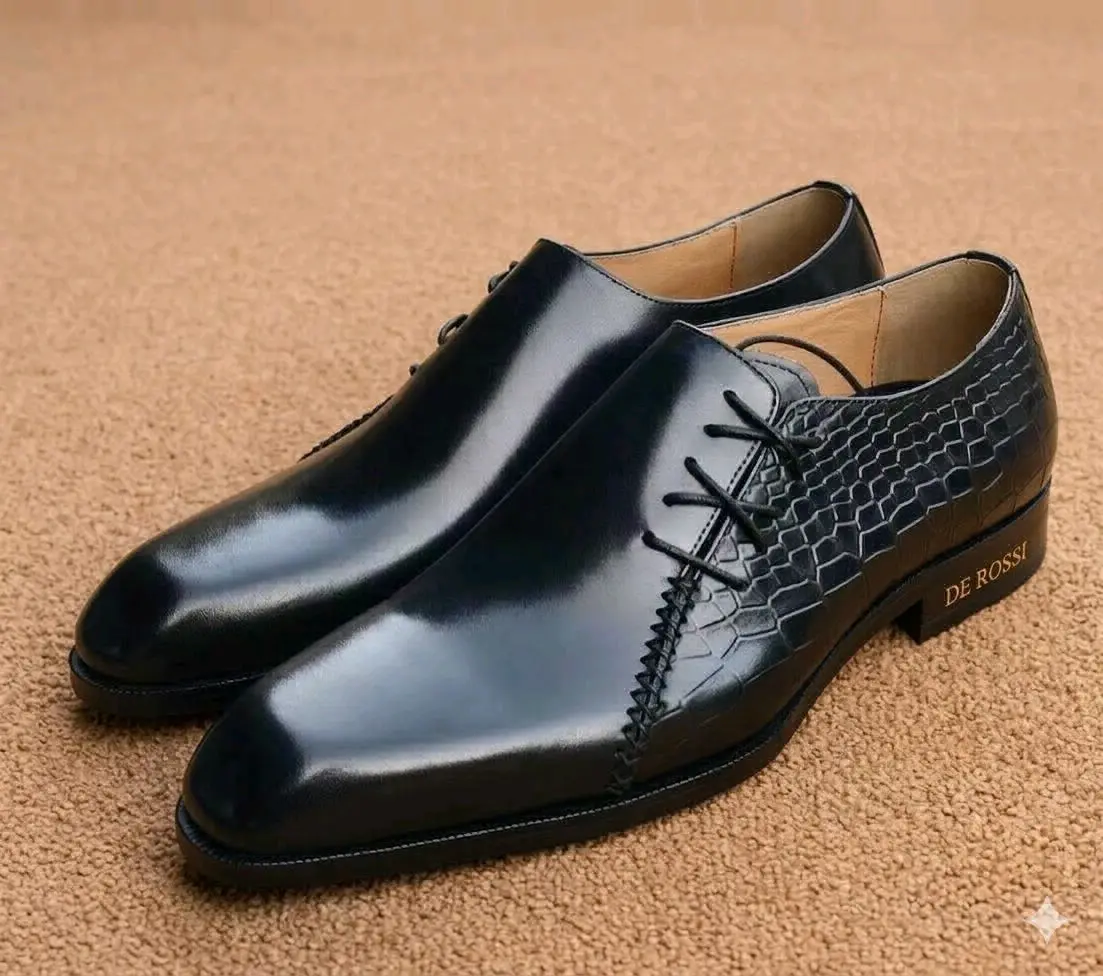 DE ROSSI Men's Black Leather Dress Shoes (Made in Italy)