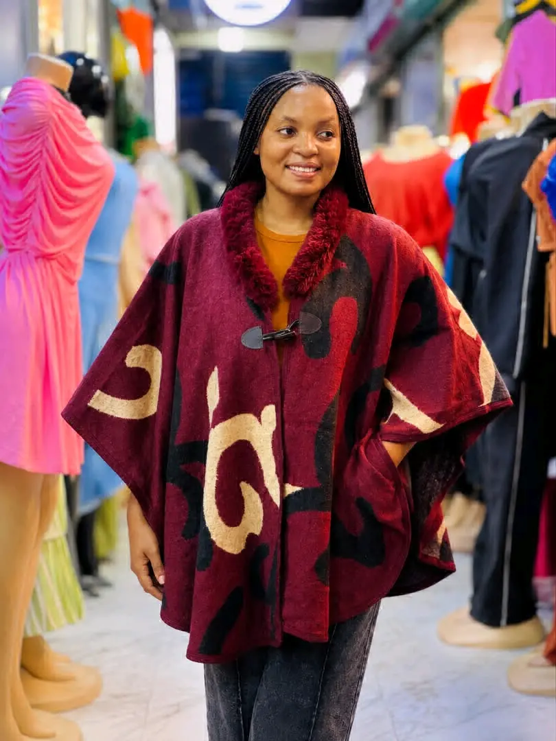 Maroon Vintage Poncho with Faux Fur thumbnail 2