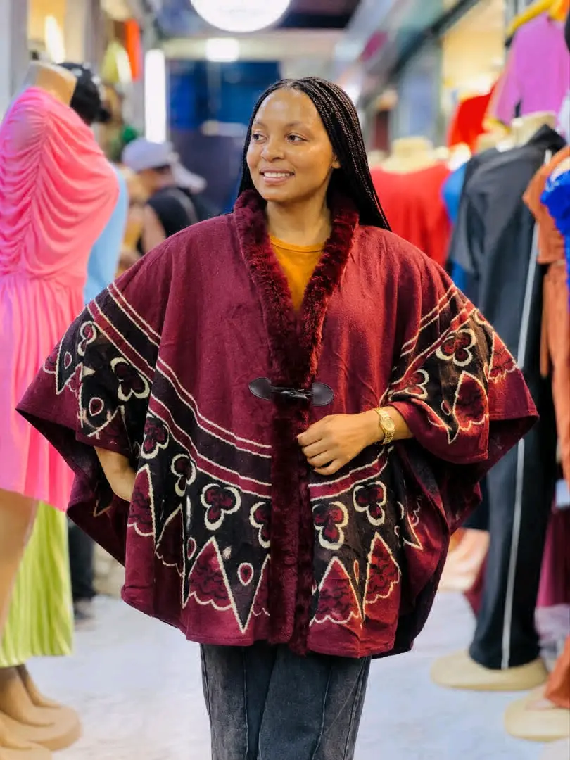 Maroon Vintage Poncho with Faux Fur thumbnail 4
