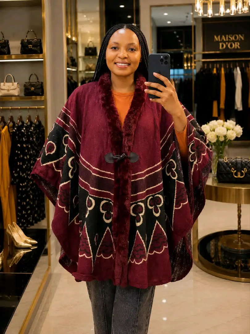 Maroon Vintage Poncho with Faux Fur thumbnail 5