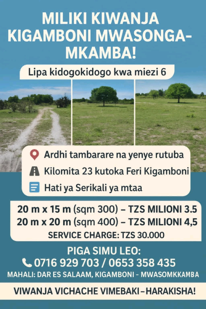 Viwanja vya Ardhi Kigamboni Mwasonga-Mkamba (300/400 sqm)