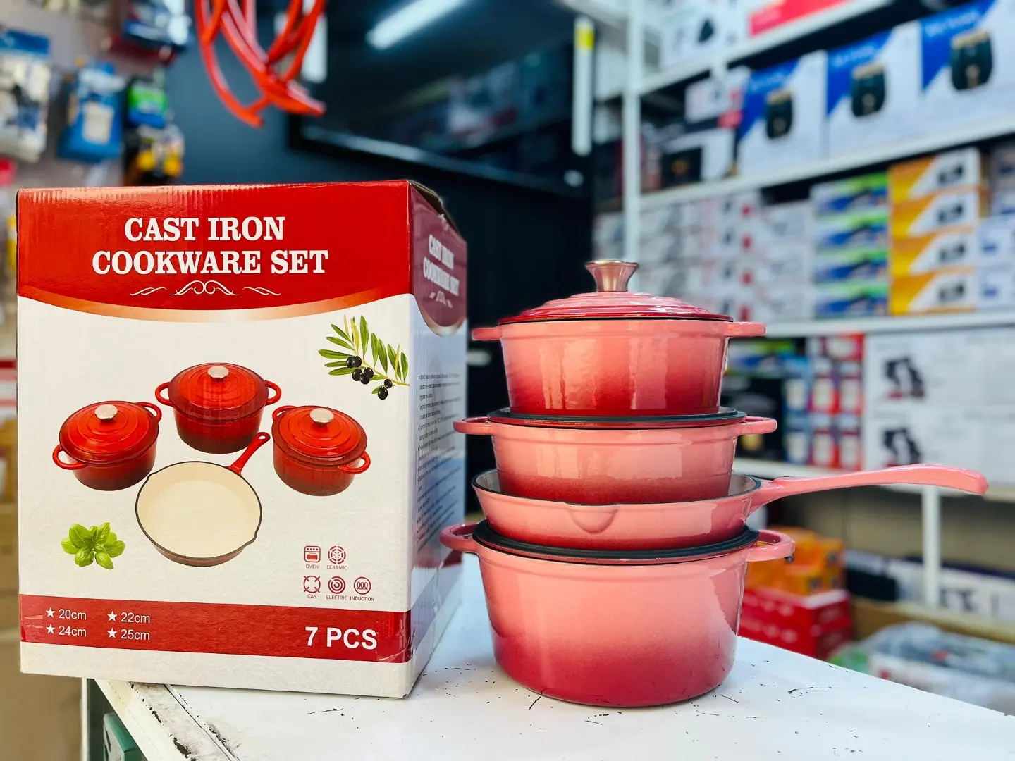 7-Piece Red Cast Iron Cookware Set thumbnail 2