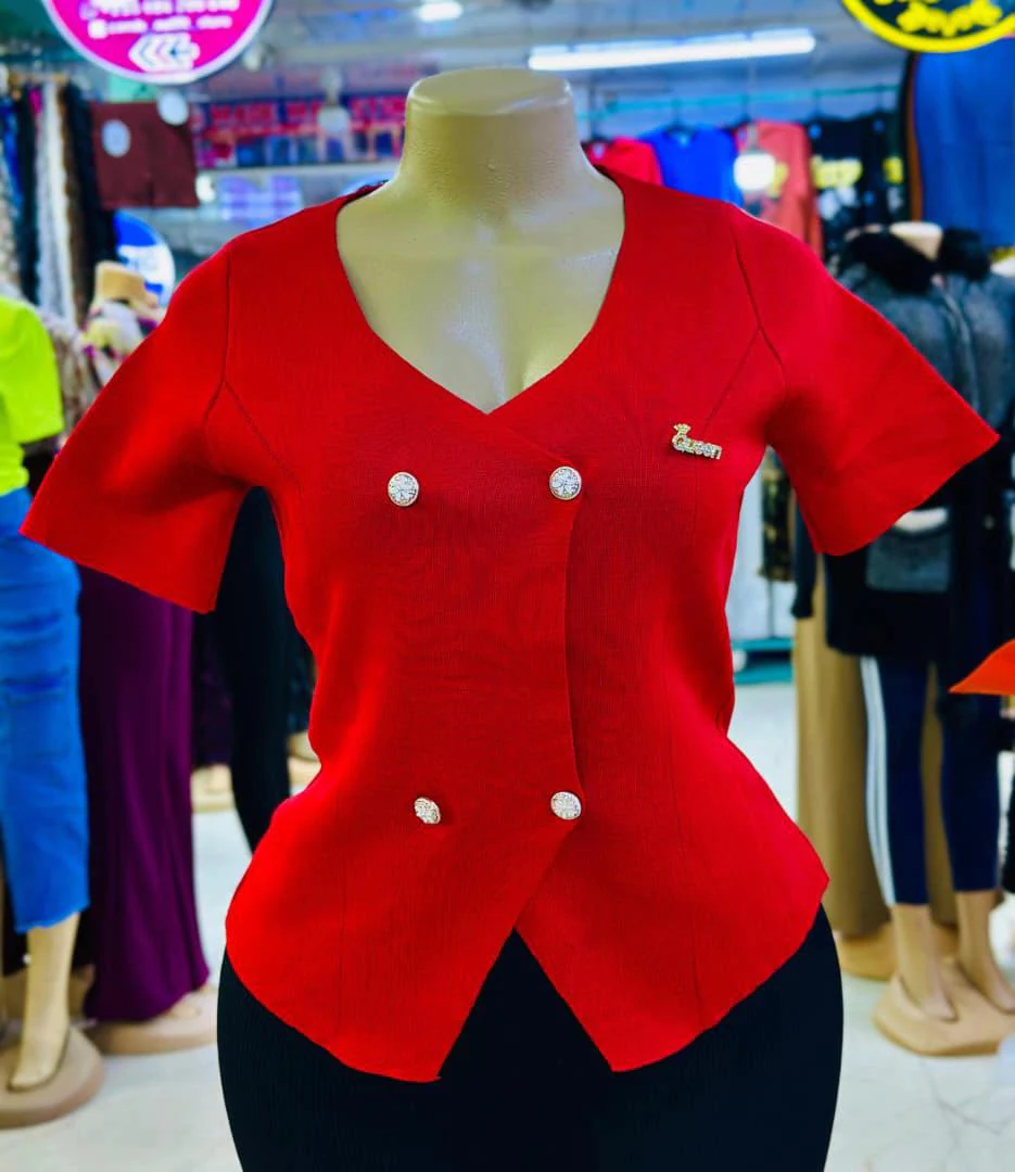 Red V-neck Blouse for Wholesale
