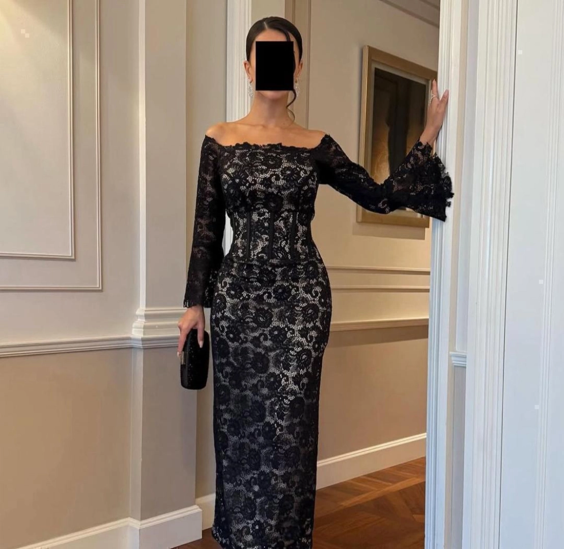 Black Lace Off-Shoulder Dress with Bell Sleeves thumbnail 2
