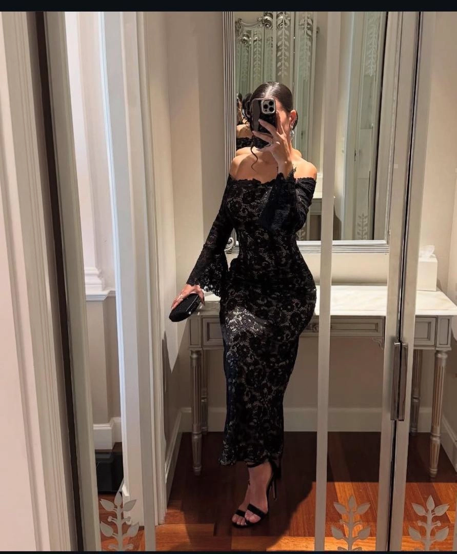 Black Lace Off-Shoulder Dress with Bell Sleeves thumbnail 3