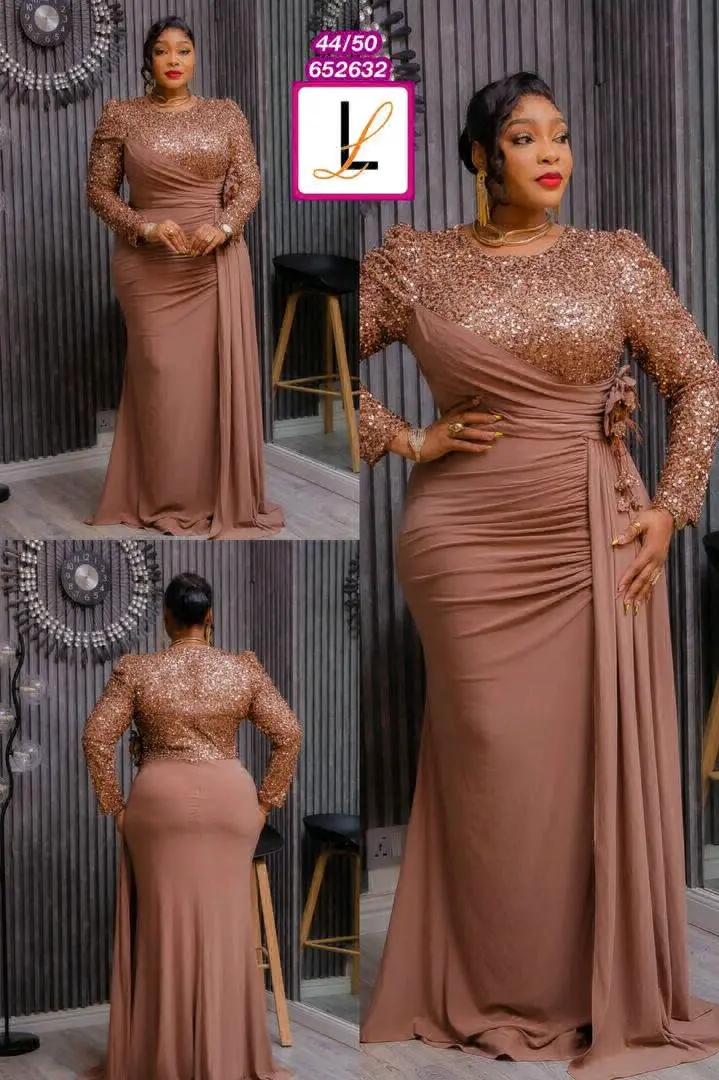 Long Evening Dress with Sequined Sleeves