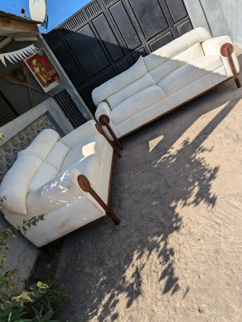 New White Sofa Set (3+2) Spring Fiber Teak Wood