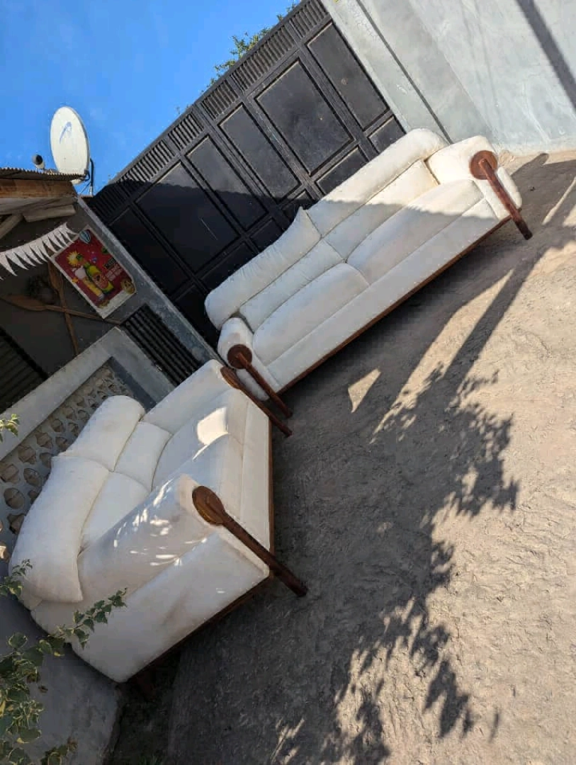 New White Sofa Set (3+2) Spring Fiber Teak Wood thumbnail 2