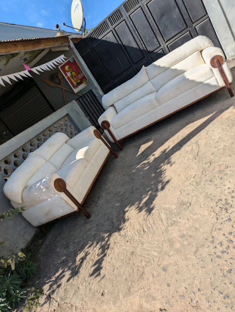 New White Sofa Set (3+2) Spring Fiber Teak Wood thumbnail 3