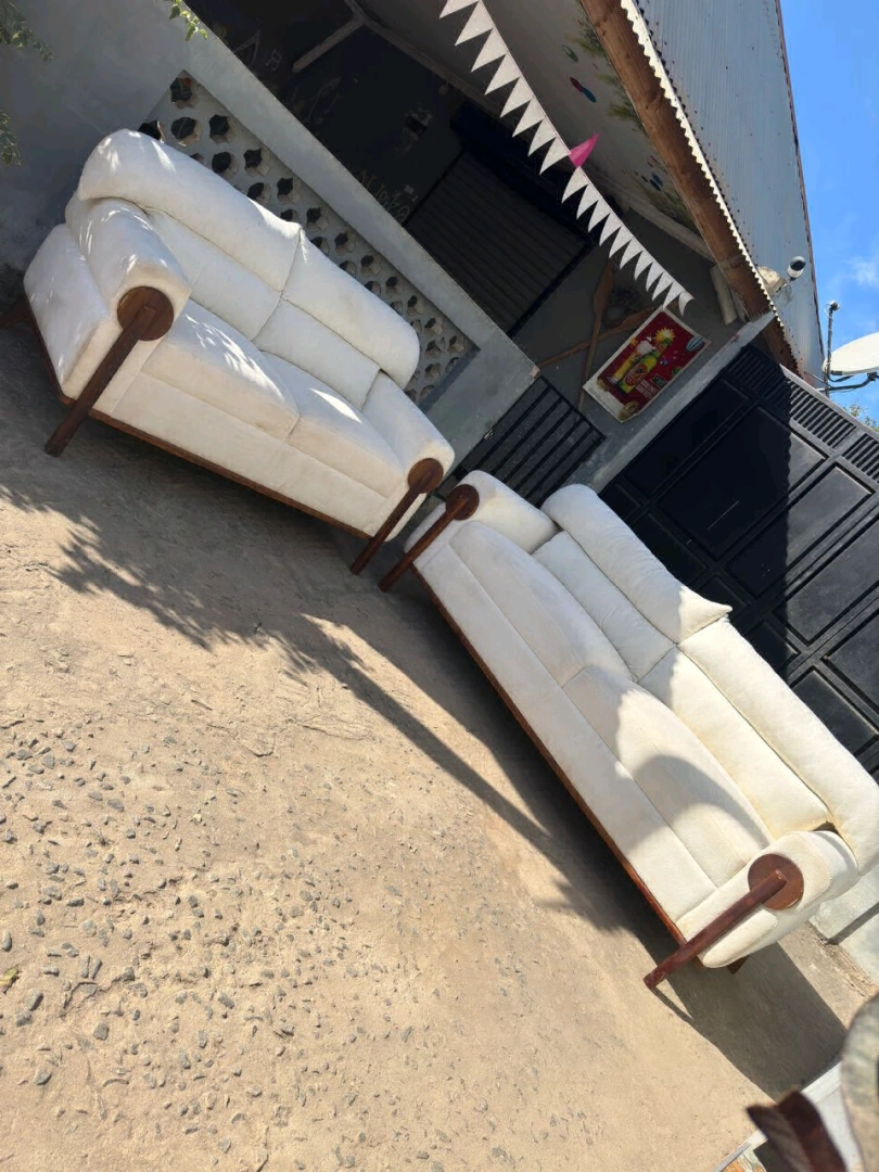 New White Sofa Set (3+2) Spring Fiber Teak Wood thumbnail 4
