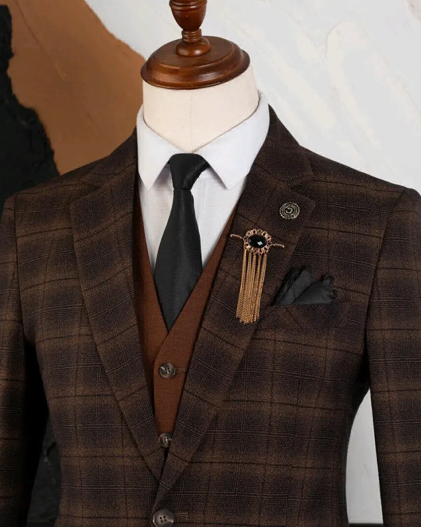 Carlos Cardini Brown Plaid Three-Piece Men's Suit