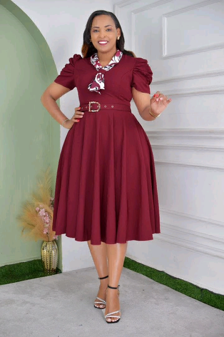 Burgundy Knee-Length Dress with Puffed Sleeves