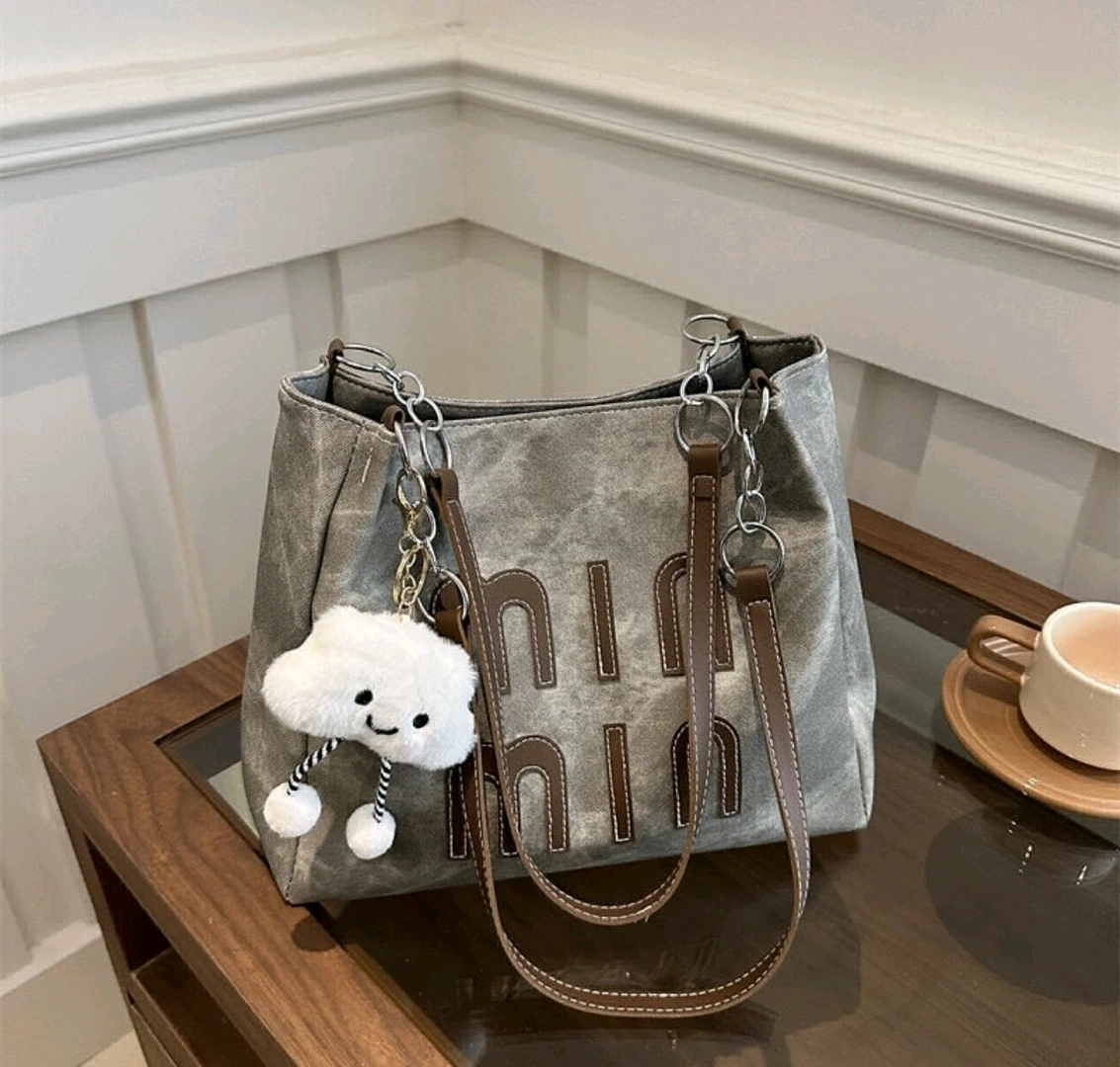 Gray Canvas Tote Handbag with Fluffy Keychain