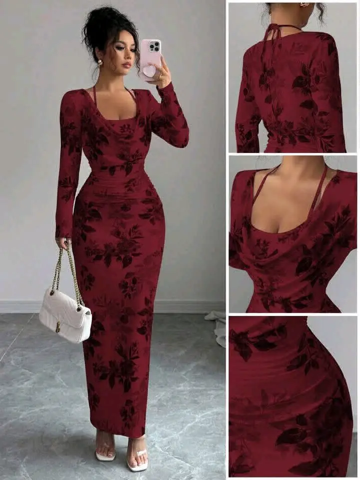 Long-Sleeved Floral Fitted Dress thumbnail 3