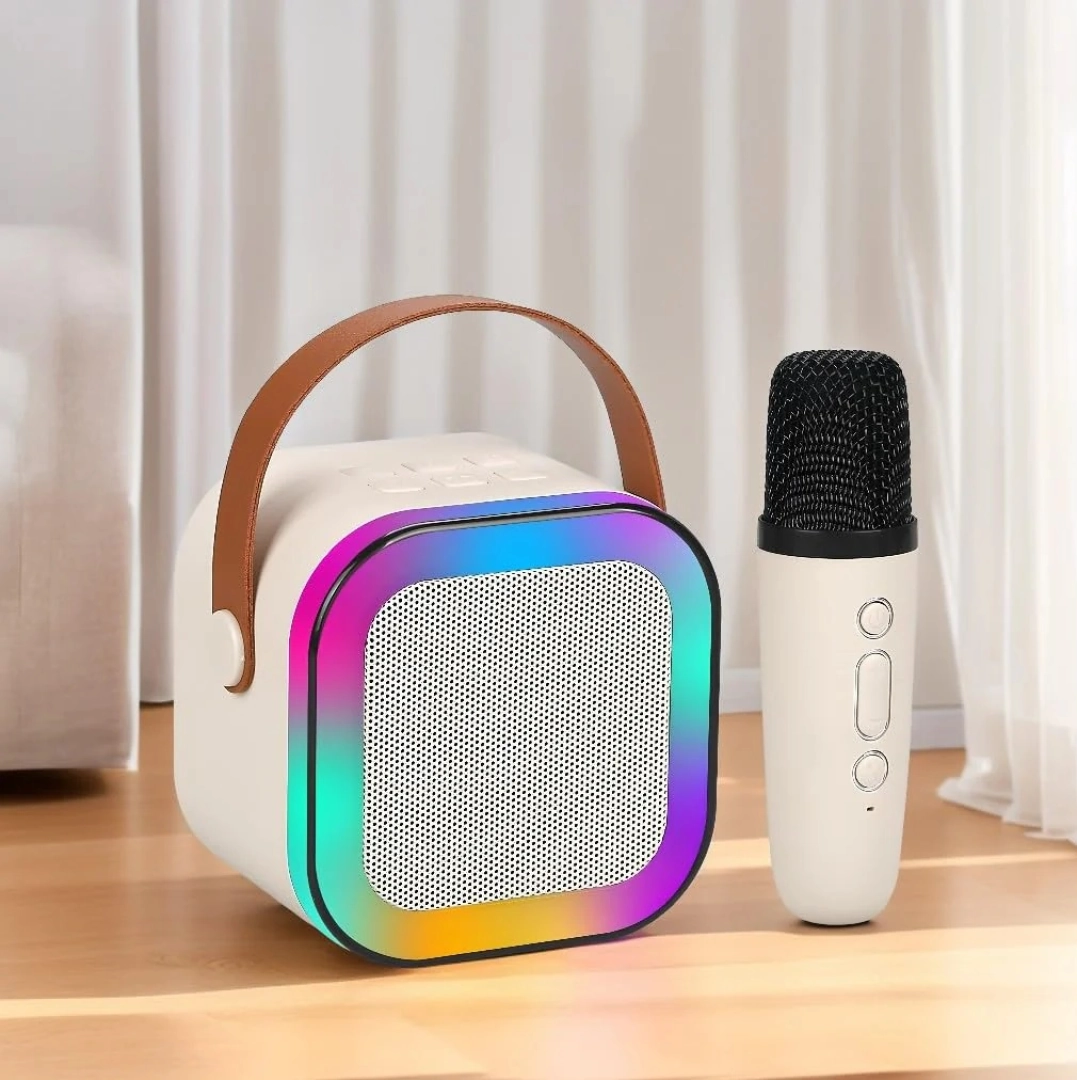 Portable White Karaoke Speaker Set with Wireless Mic