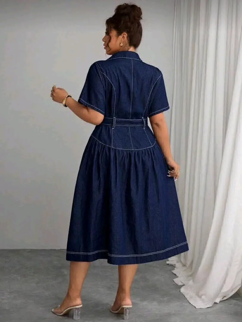Denim Midi Dress with Belt