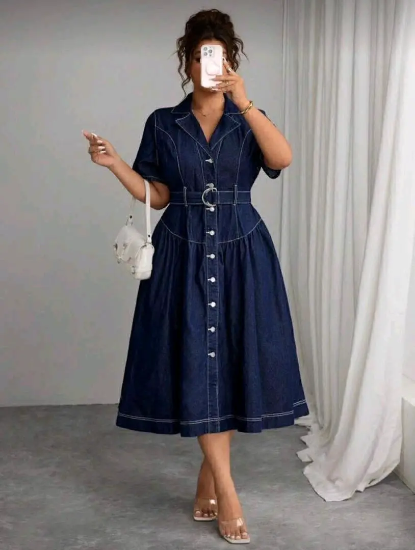 Denim Midi Dress with Belt thumbnail 2