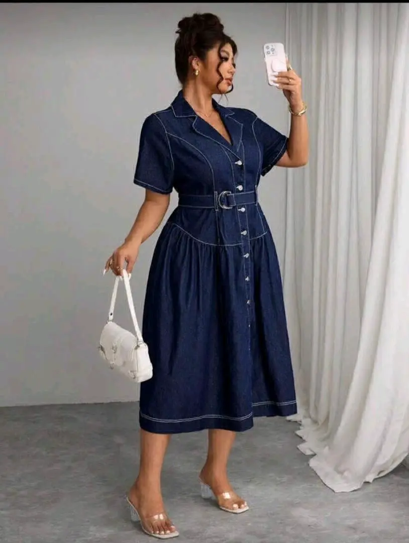 Denim Midi Dress with Belt thumbnail 3