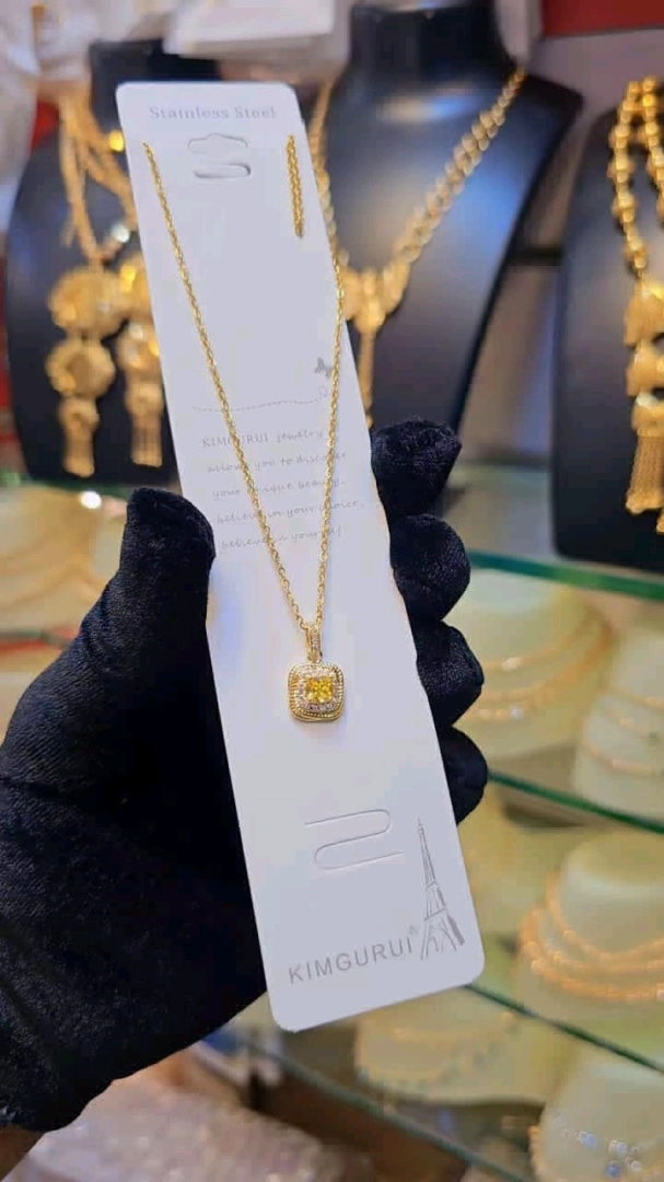 Gold Necklace with Square Yellow Gemstone Pendant