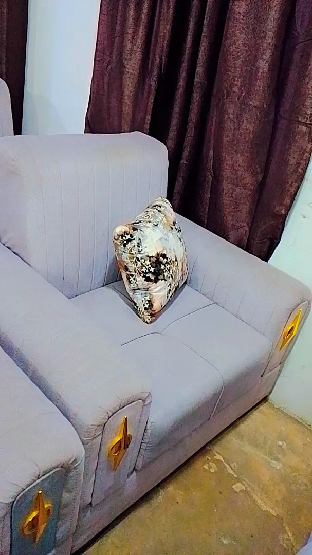 Modern Light Gray Sofa with Gold Accents