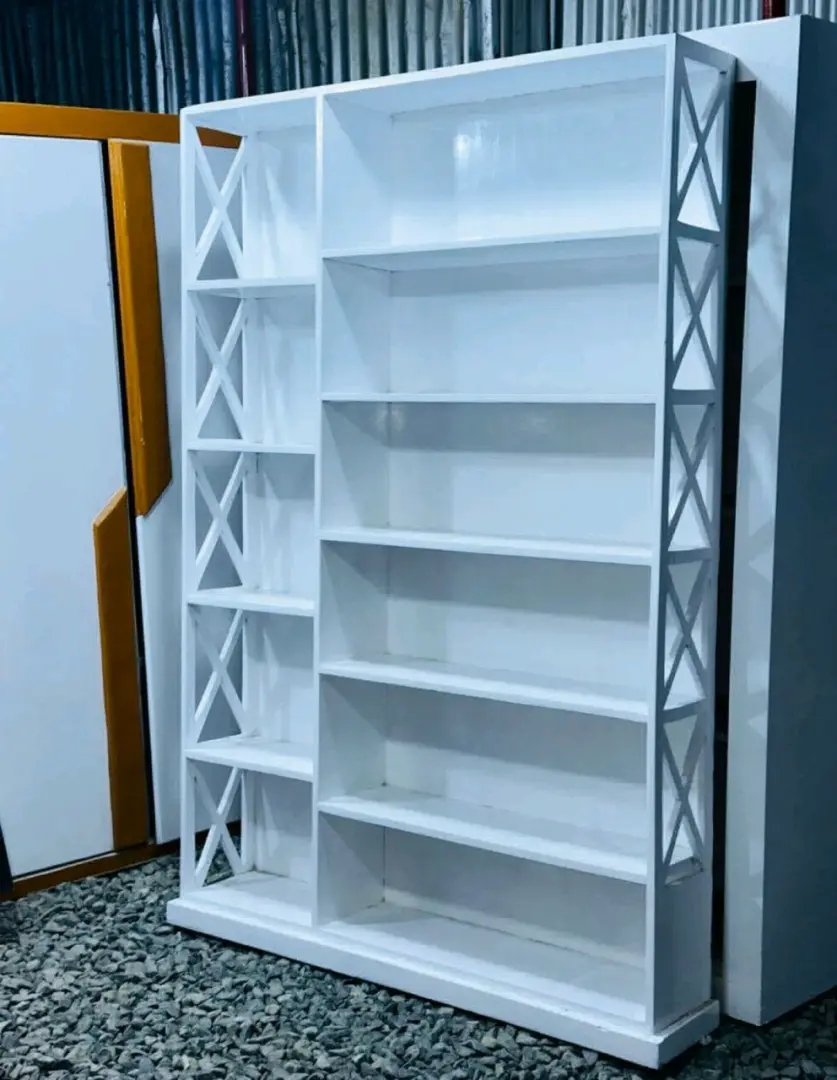 White Wooden Bookshelves with X-Panels
