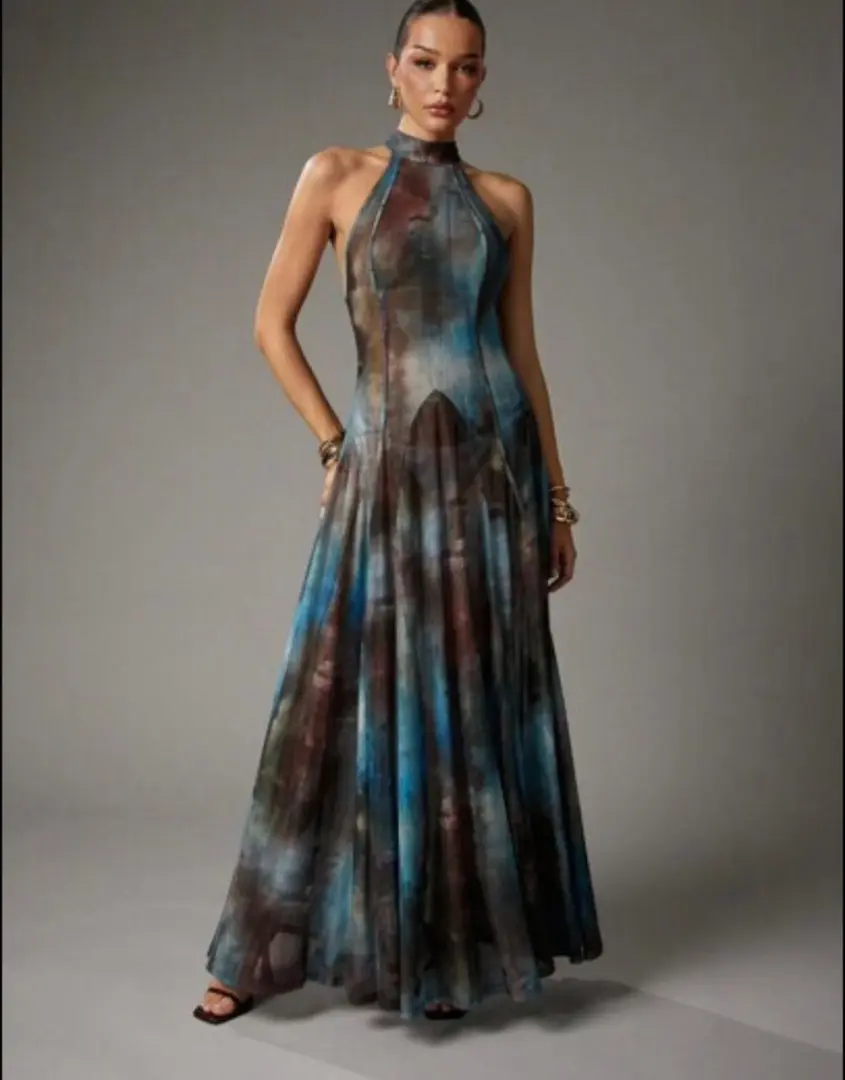 Long Dark Green Patterned Dress thumbnail 3