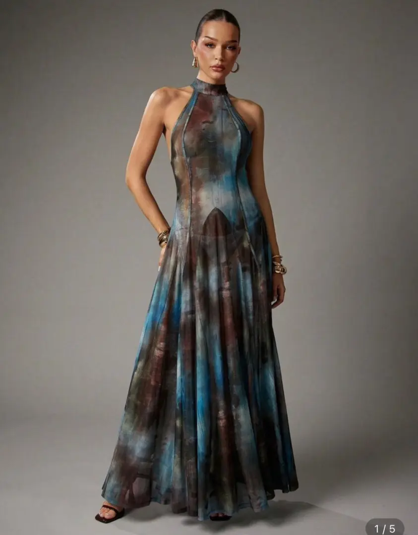 Long Dark Green Patterned Dress thumbnail 4