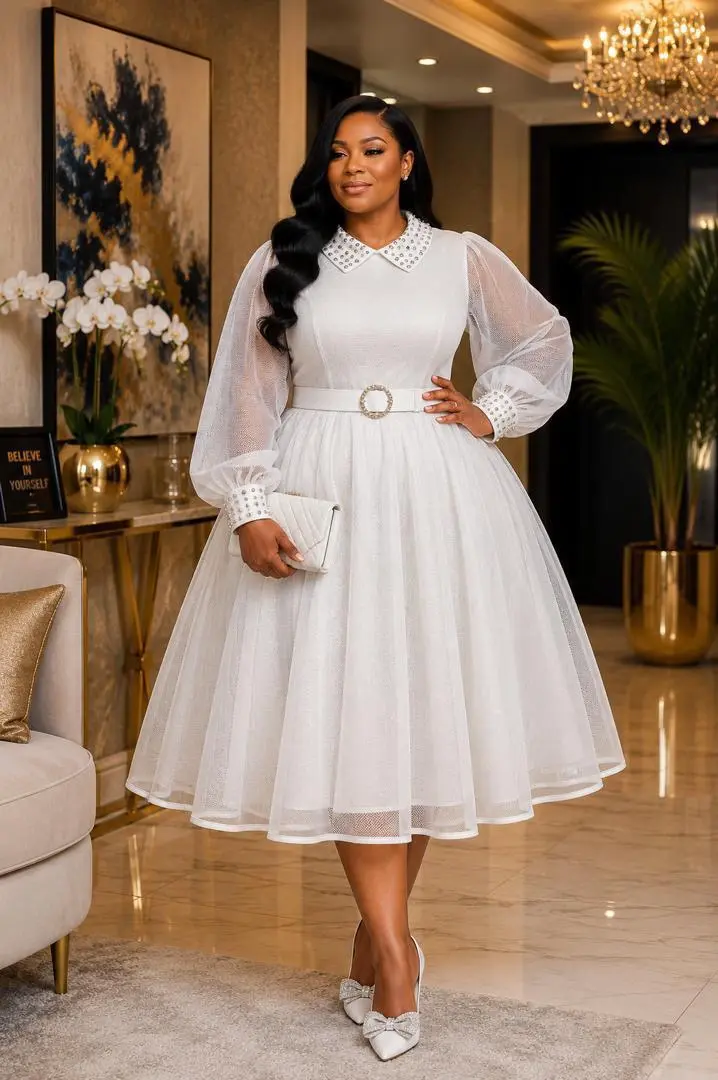 Elegant Knee-Length Dresses with Sheer Sleeves thumbnail 2