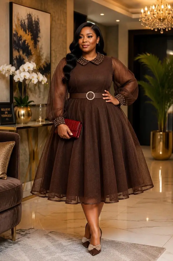 Elegant Knee-Length Dresses with Sheer Sleeves thumbnail 3