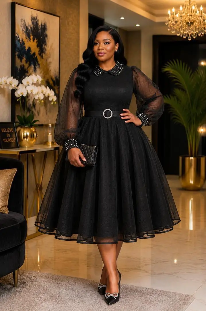 Elegant Knee-Length Dresses with Sheer Sleeves thumbnail 4