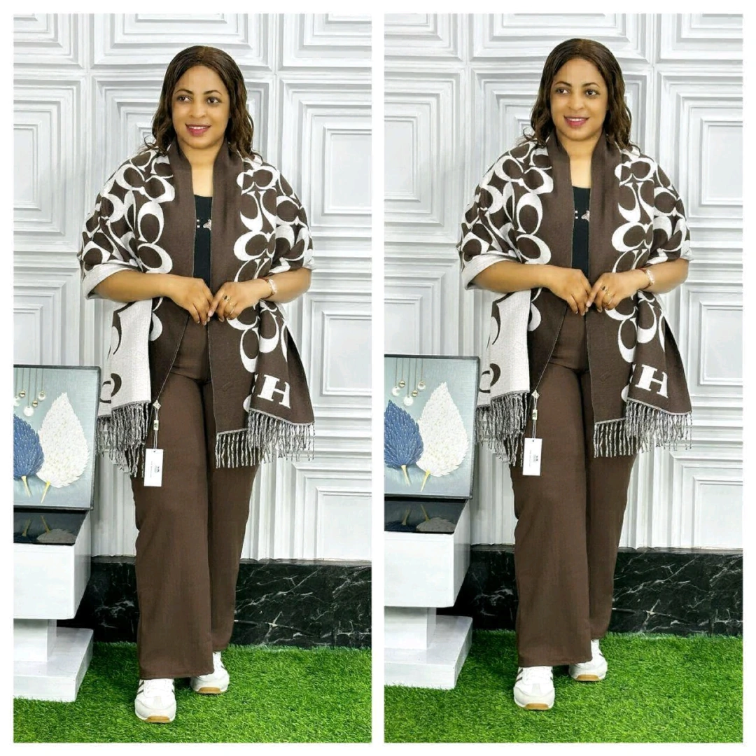 Women's Brown Two-Piece Outfit (Trousers & Shawl)