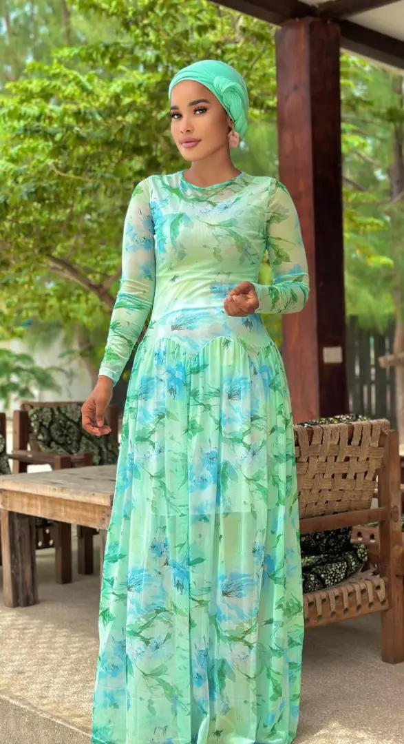 Long Floral Print Sheer Dress with Head Covering
