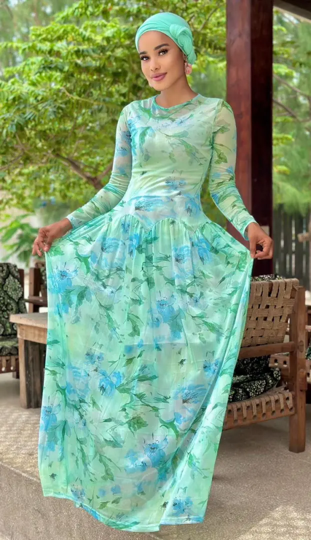 Long Floral Print Sheer Dress with Head Covering thumbnail 2