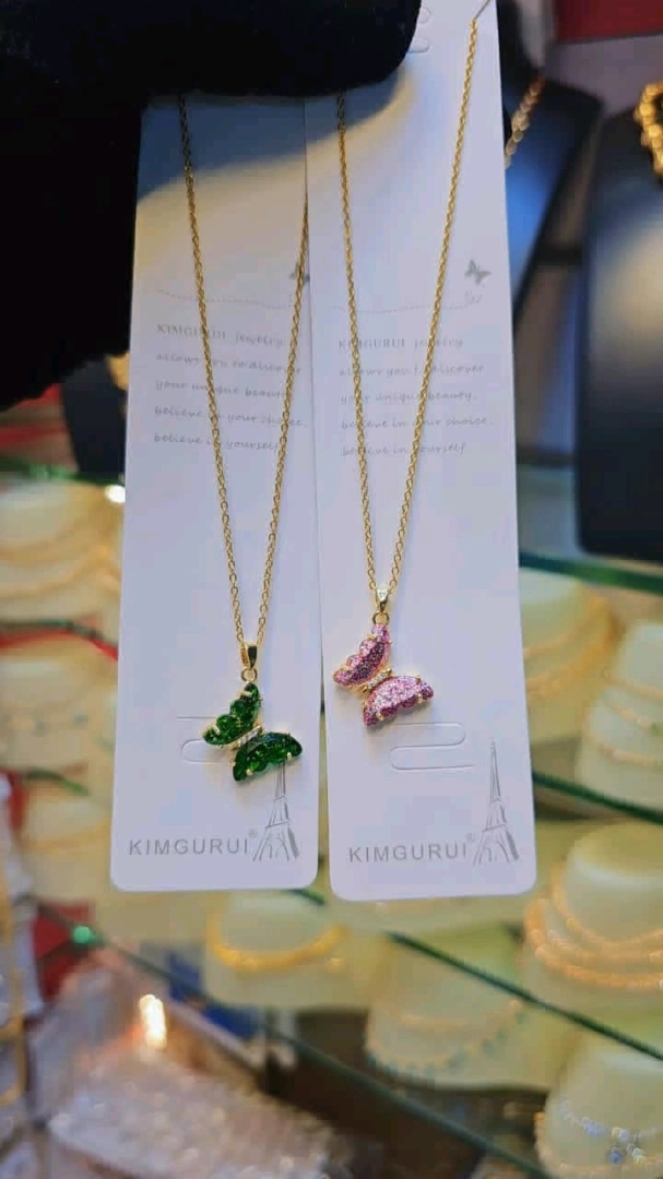 Gold-Colored Butterfly Pendant Necklaces (Green & Pink)