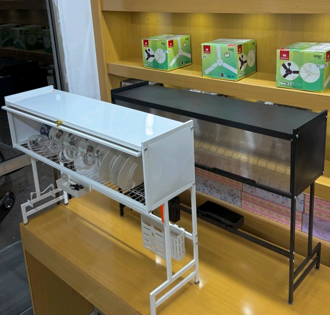 Modern 2-Layer Kitchen Dish Rack with Sliding Door