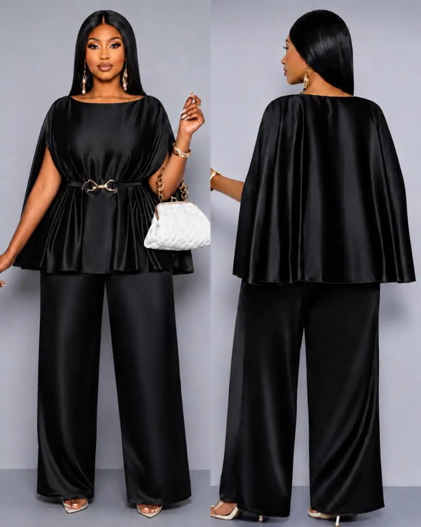 Two-Piece Silk Cape Top & Wide-Leg Trousers
