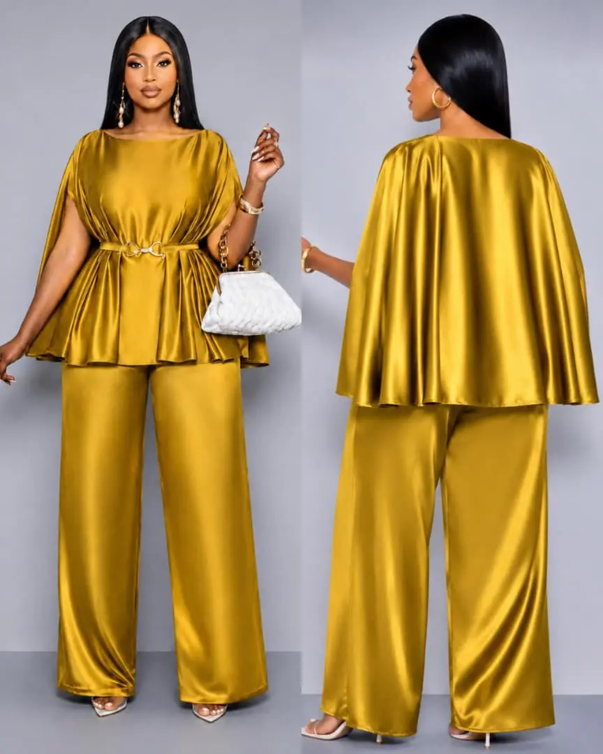 Two-Piece Silk Cape Top & Wide-Leg Trousers thumbnail 3
