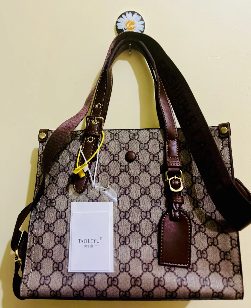 Brown and Beige Patterned Handbag with Shoulder Strap