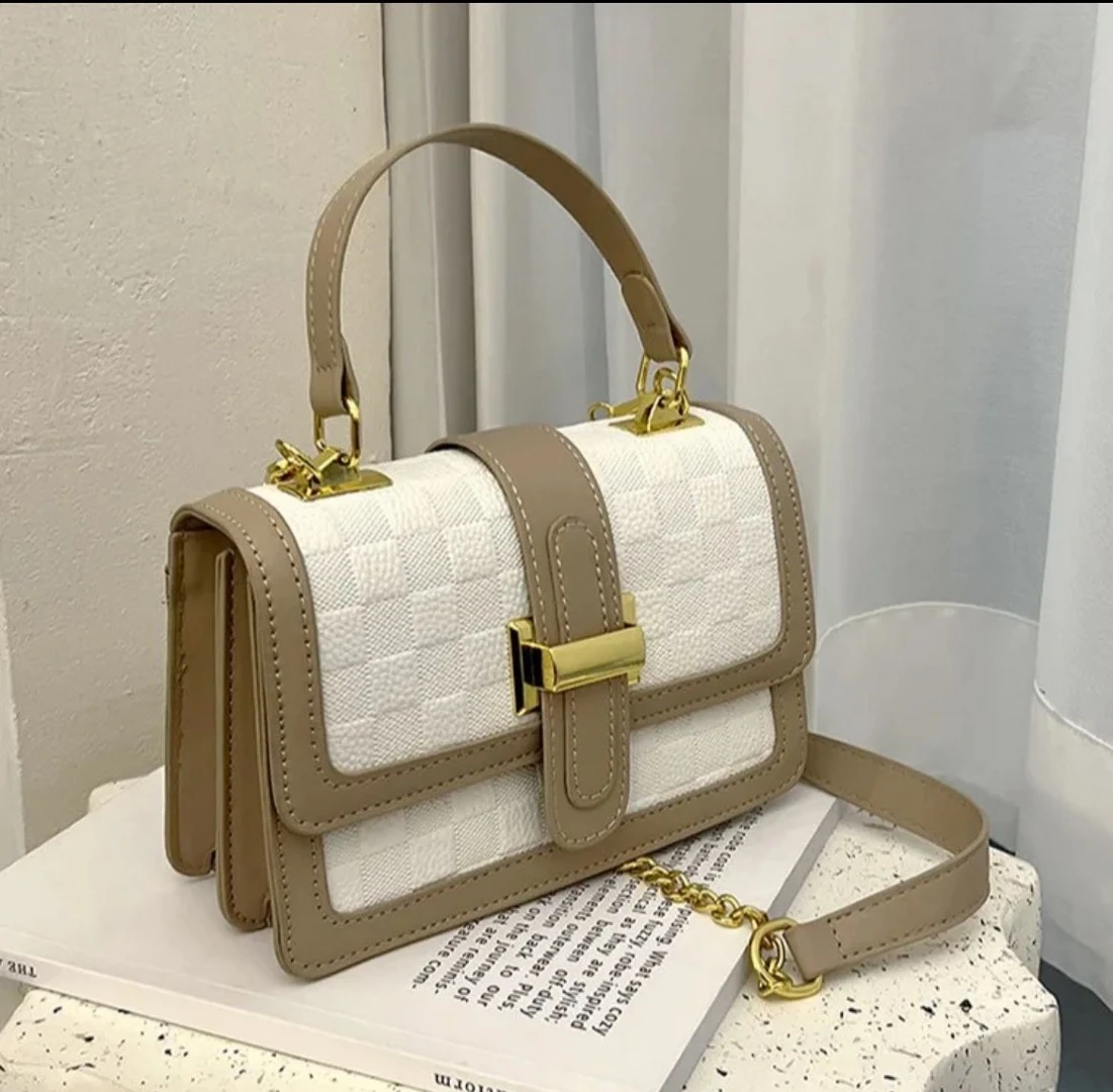 Brown and Beige Patterned Handbag with Shoulder Strap thumbnail 5