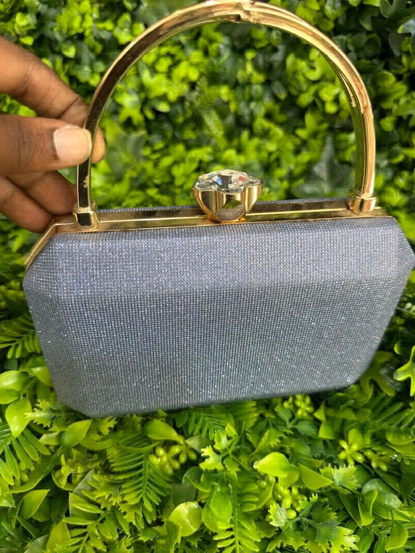 Sparkly Grey Clutch Handbag with Gold Handle